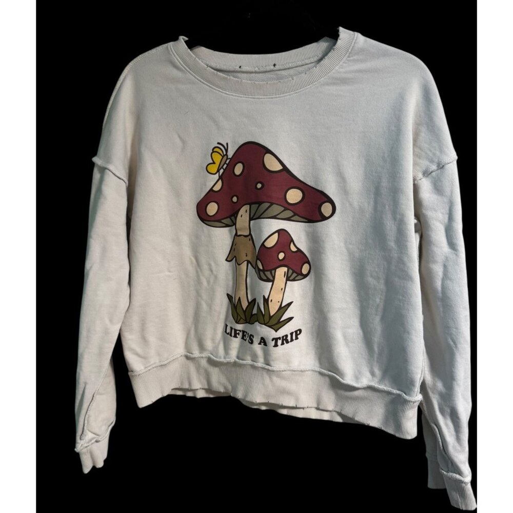 Life's A Trip Forever 21 White Sweatshirt Mushroom Graphic Medium NO TAG